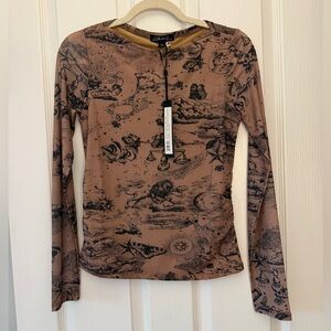 CHARLIE B Printed Ruched Mesh Top - Astrology NWT size S